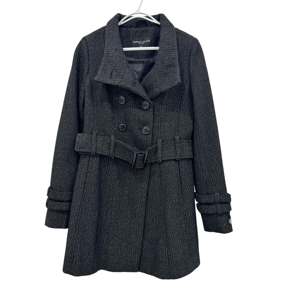 Kenneth Blake New York Wool Blend Belted Peacoat Charcoal Herringbone Coat SZ S